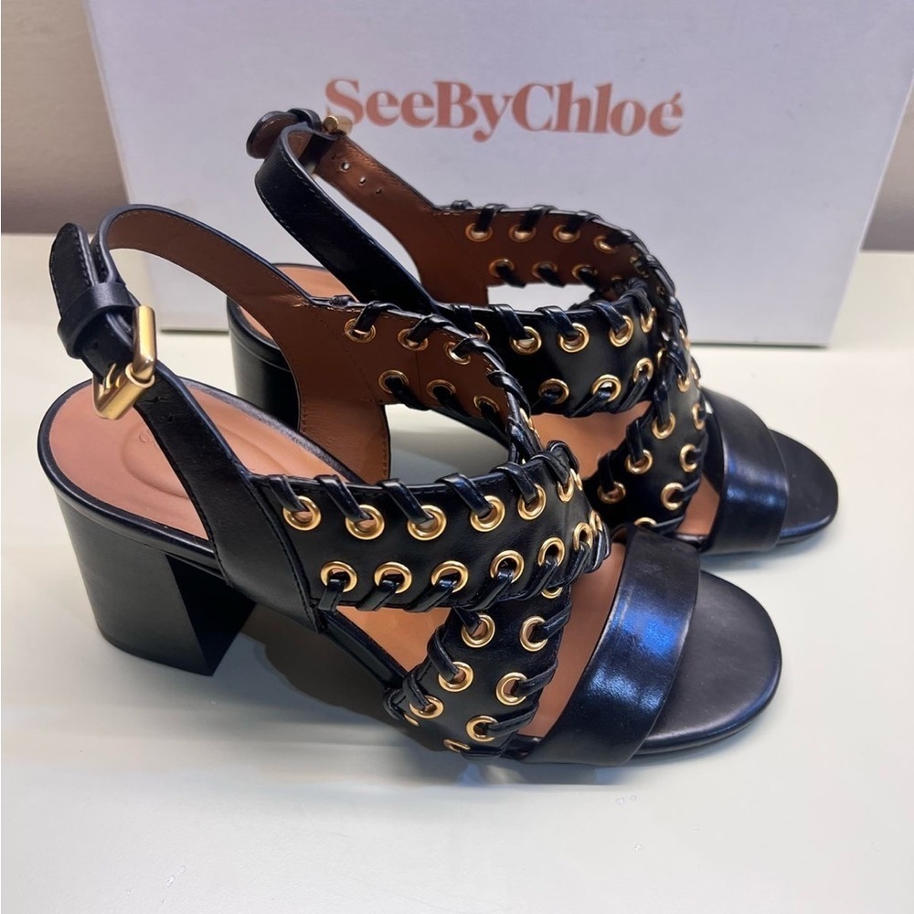 See by Chloe Elegant Black Stiletto Heels with Gold Accents and Cushioned Insole